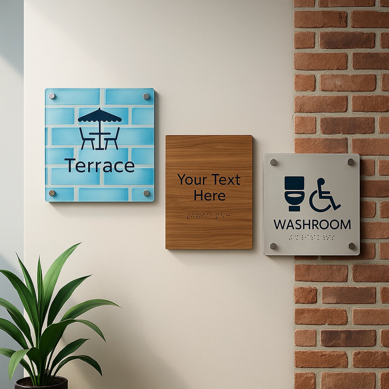 Custom indoor signs on wall—blue tile terrace, wood style, and washroom on brick—minimal modern look, navy accents