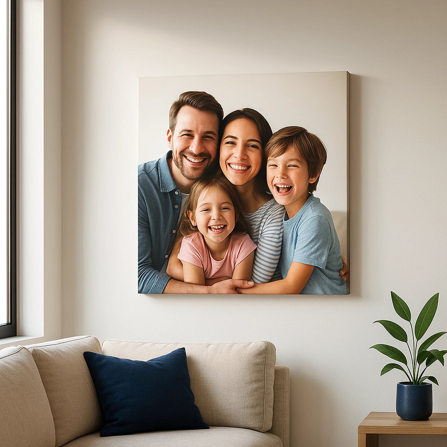 Happy family canvas print on a modern living room wall, navy accents, minimal style