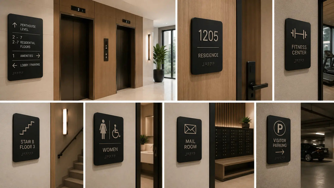 A comprehensive layout of premium architectural residential building signage including wayfinding directories, apartment numbers, and compliance signs for multi-family properties.
