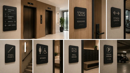 A comprehensive layout of premium architectural residential building signage including wayfinding directories, apartment numbers, and compliance signs for multi-family properties.