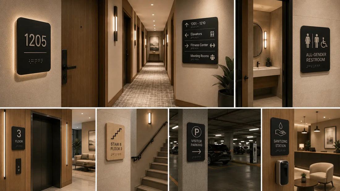 A comprehensive presentation of premium architectural hotel signage including compliance tactile room numbers, custom wayfinding arrows, and accessible restroom plaques.