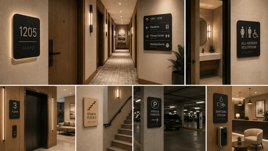 A comprehensive presentation of premium architectural hotel signage including compliance tactile room numbers, custom wayfinding arrows, and accessible restroom plaques.