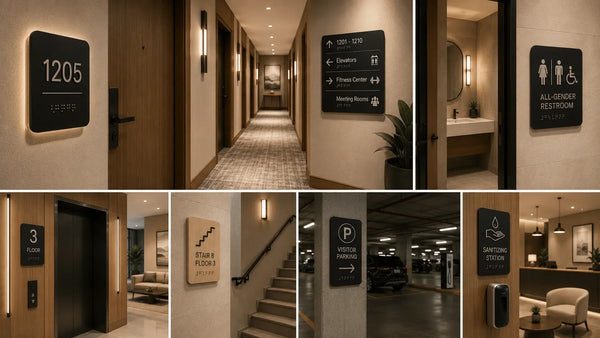 A comprehensive presentation of premium architectural hotel signage including compliance tactile room numbers, custom wayfinding arrows, and accessible restroom plaques.