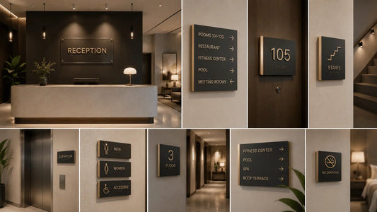 Comprehensive checklist layout of minimalist hotel interior signage systems