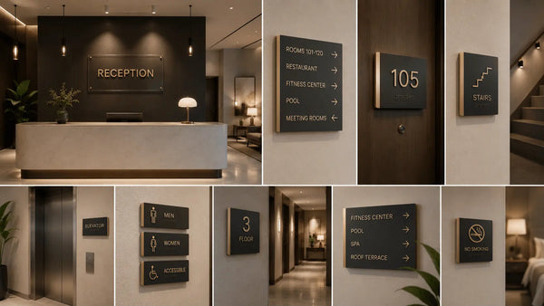Comprehensive checklist layout of minimalist hotel interior signage systems