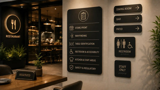Modern black restaurant signage checklist and architectural wayfinding signs mounted on wall in dining interior