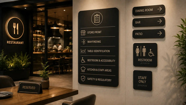 Modern black restaurant signage checklist and architectural wayfinding signs mounted on wall in dining interior
