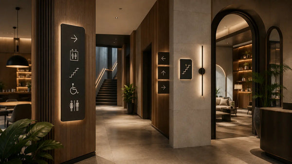 Modern commercial interior featuring minimalist architectural signage, matte cast acrylic wayfinding signs, tactile Braille room plaques, and cohesive environmental graphic design.