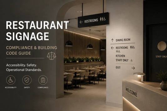Restaurant interior featuring compliant wayfinding directional signs, suspended restroom signage, kitchen staff only access, and welcoming reception desk layout