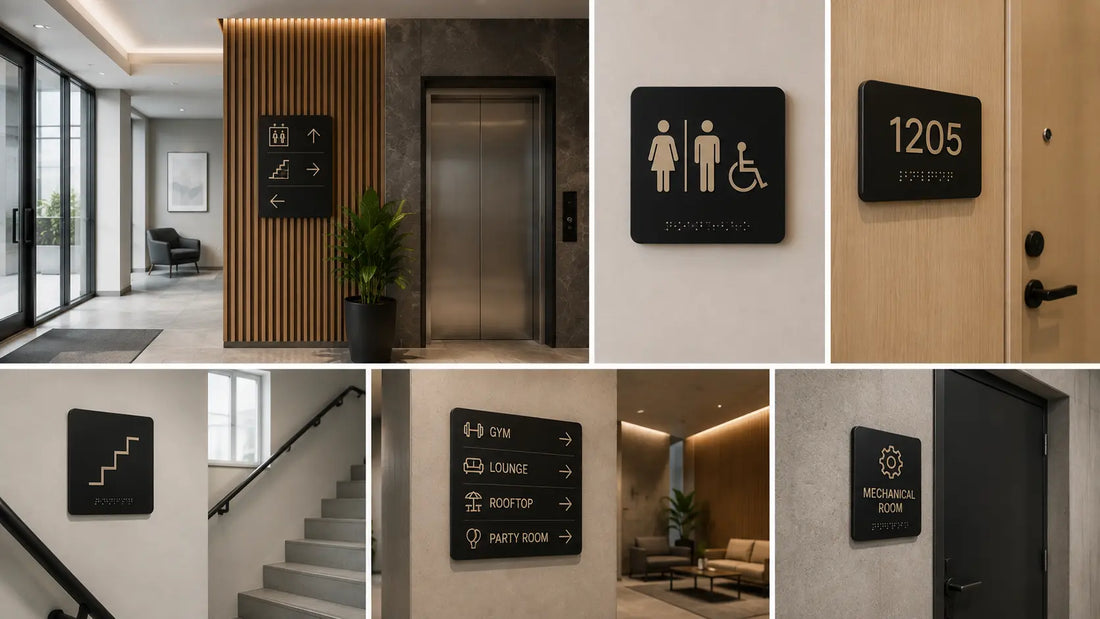 Modern residential building signage compliance system with tactile apartment signs, accessibility signage, elevator directories, and wayfinding signs