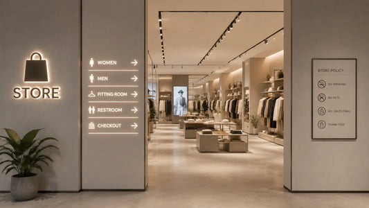 Modern retail store interior with branded signage, directional wayfinding signs, checkout and fitting room signs creating a seamless customer journey
