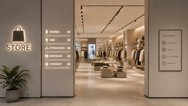 Modern retail store interior with branded signage, directional wayfinding signs, checkout and fitting room signs creating a seamless customer journey