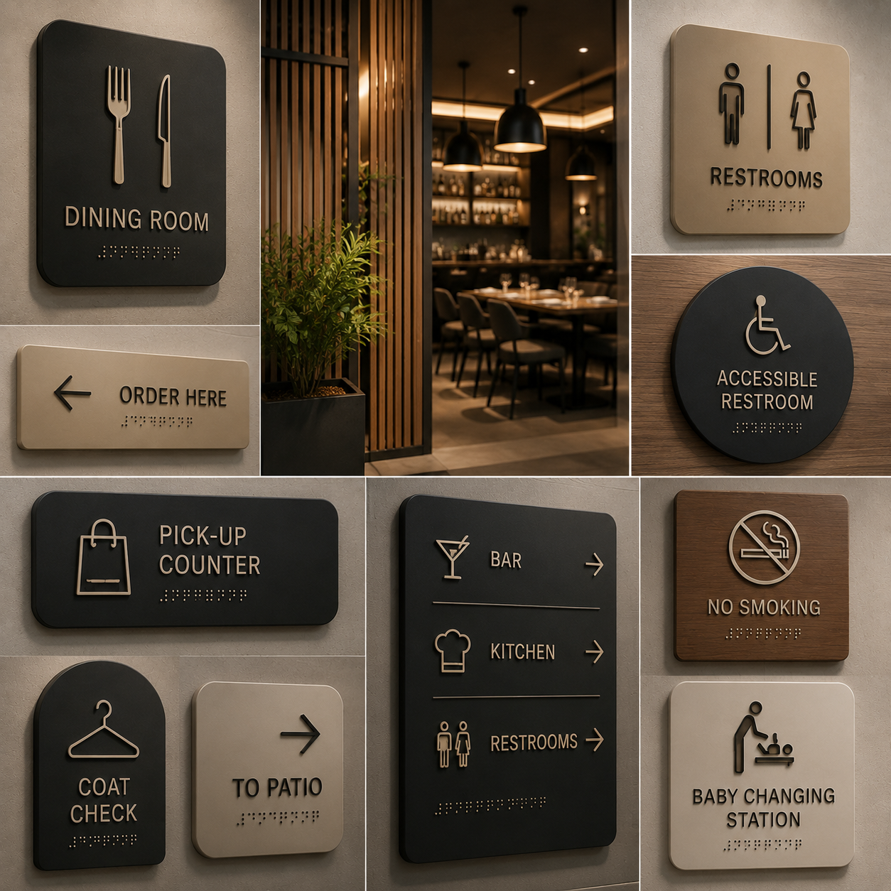 A comprehensive presentation of custom restaurant signage including matte acrylic table numbers, all-gender restroom signs, staff only kitchen doors, and wayfinding directionals.
