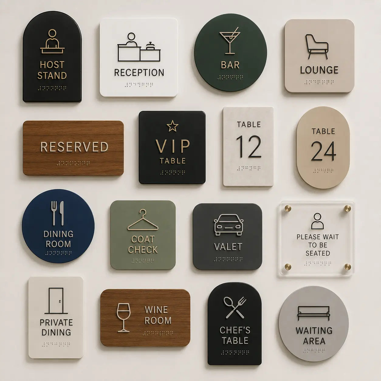 A minimalist collection of custom restaurant table numbers, VIP reserved placards, and front-of-house acrylic seating navigation signs in various architectural shapes.