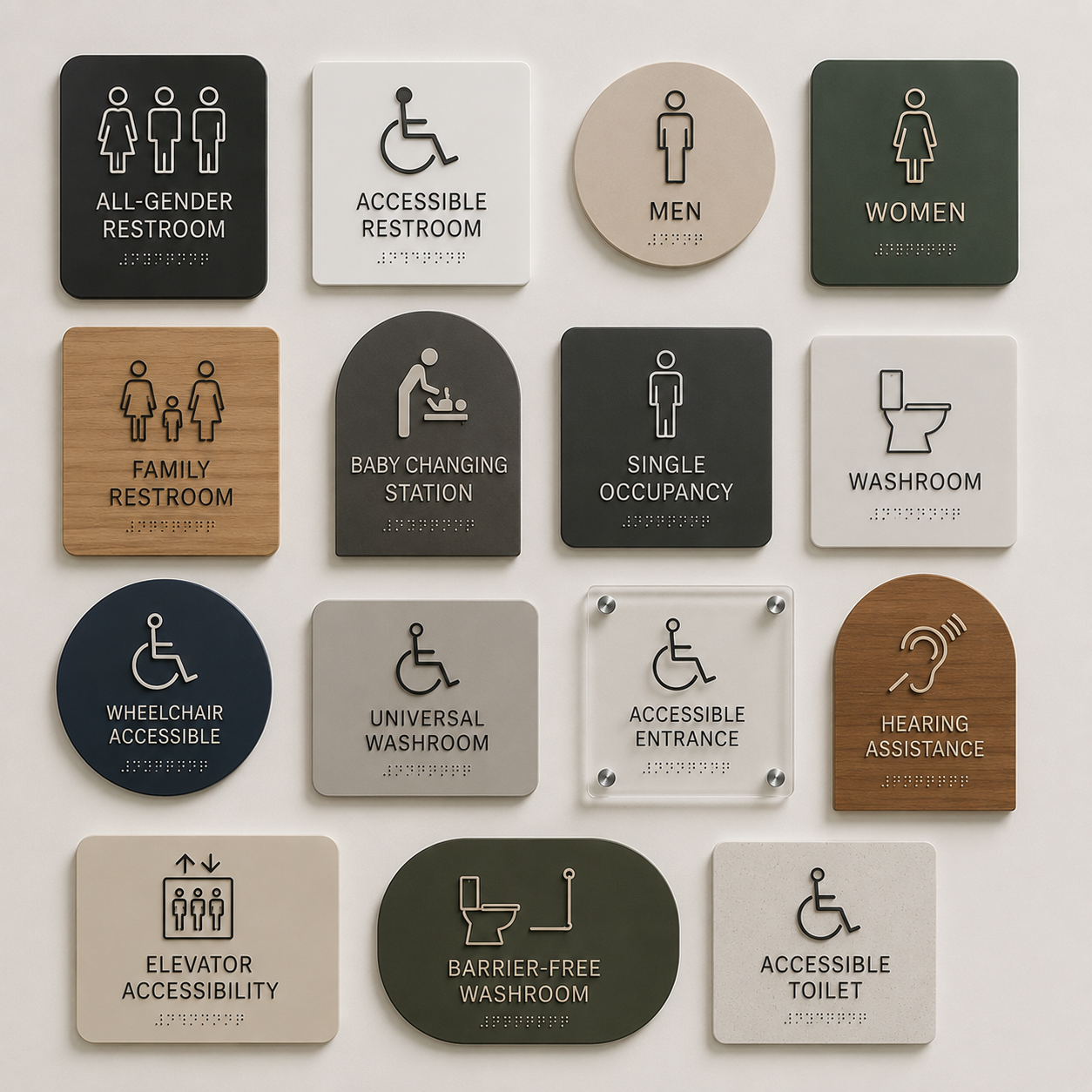 Compliant tactile restaurant restroom signs with Grade 2 Braille and raised symbols in non-glare matte black cast acrylic for barrier-free washroom accessibility.