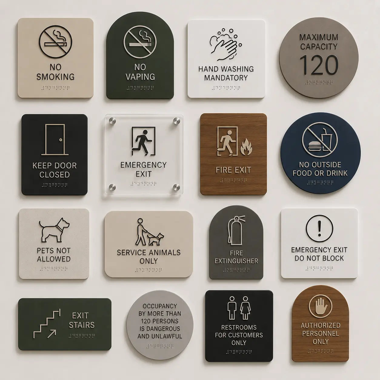 High-contrast restaurant regulatory signs including hand washing compliance, no smoking indicators, and fire egress route markers.
