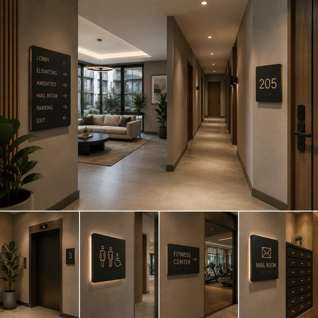 Premium cast acrylic residential building signage featuring apartment unit numbers, lobby directory, wayfinding signs, and modern condominium interior.
