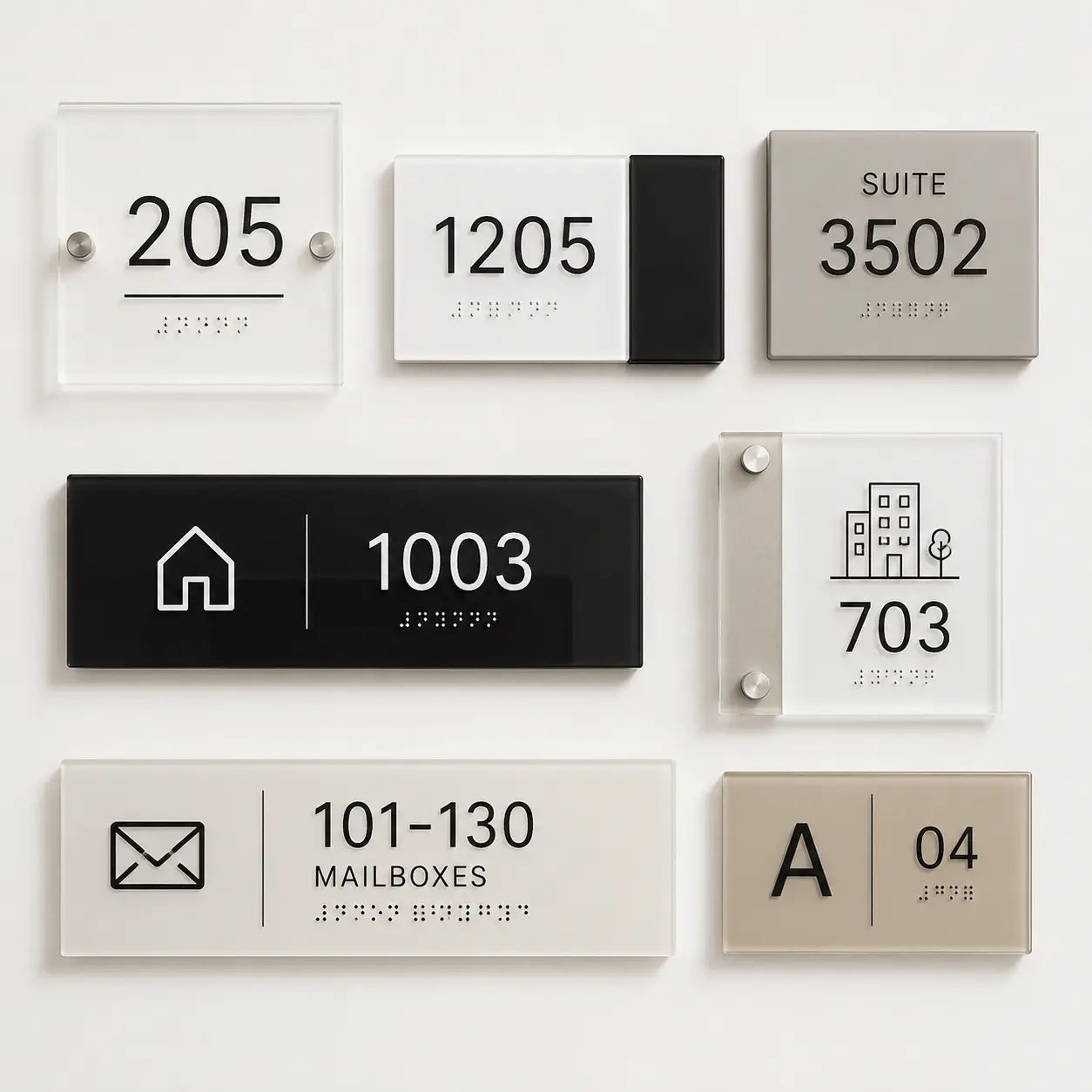 Minimalist cast acrylic apartment door numbers and condo unit identification plaques