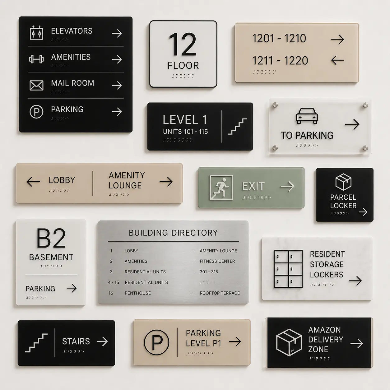 Modern residential building directory sign and elevator lobby wayfinding system