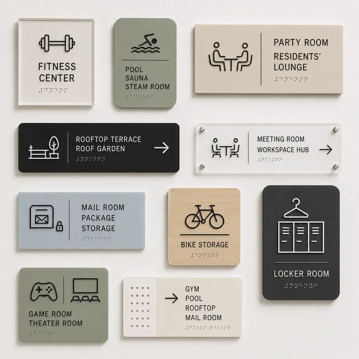 Premium condo amenity signs for luxury fitness centers, mailrooms, and swimming pools