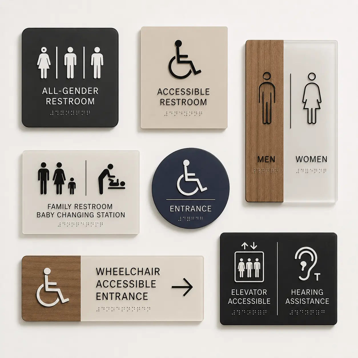 Tactile restroom signs with raised lettering and Braille compliance for Canadian buildings
