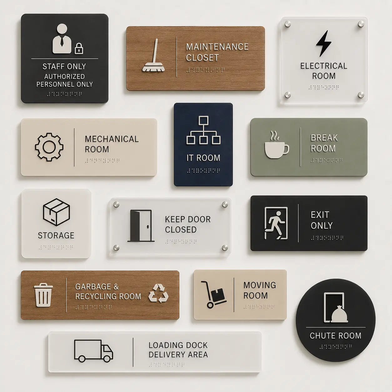 Professional matte acrylic door signs for residential staff only and mechanical rooms
