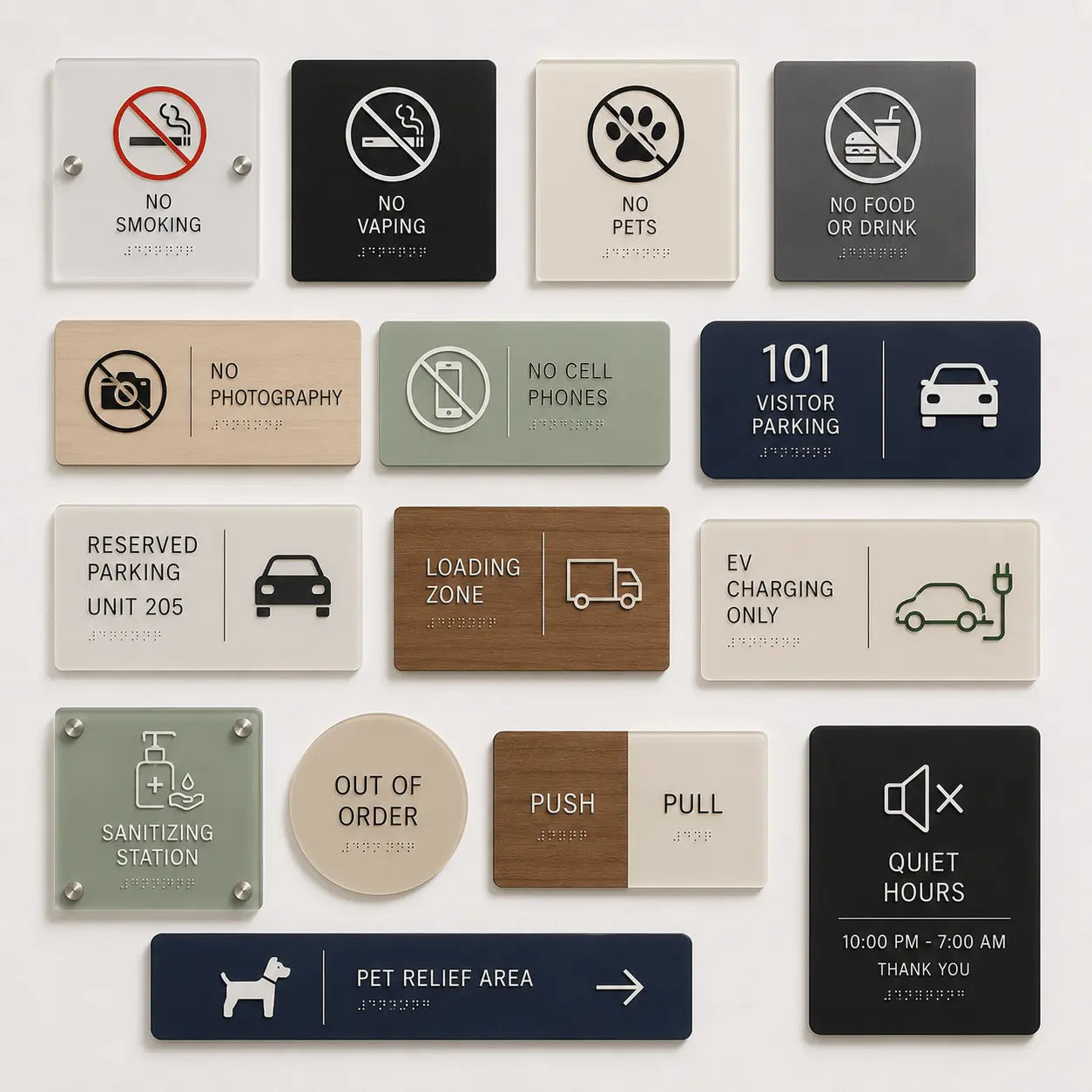 Sleek architectural regulatory signs including no smoking and residential parking indicators