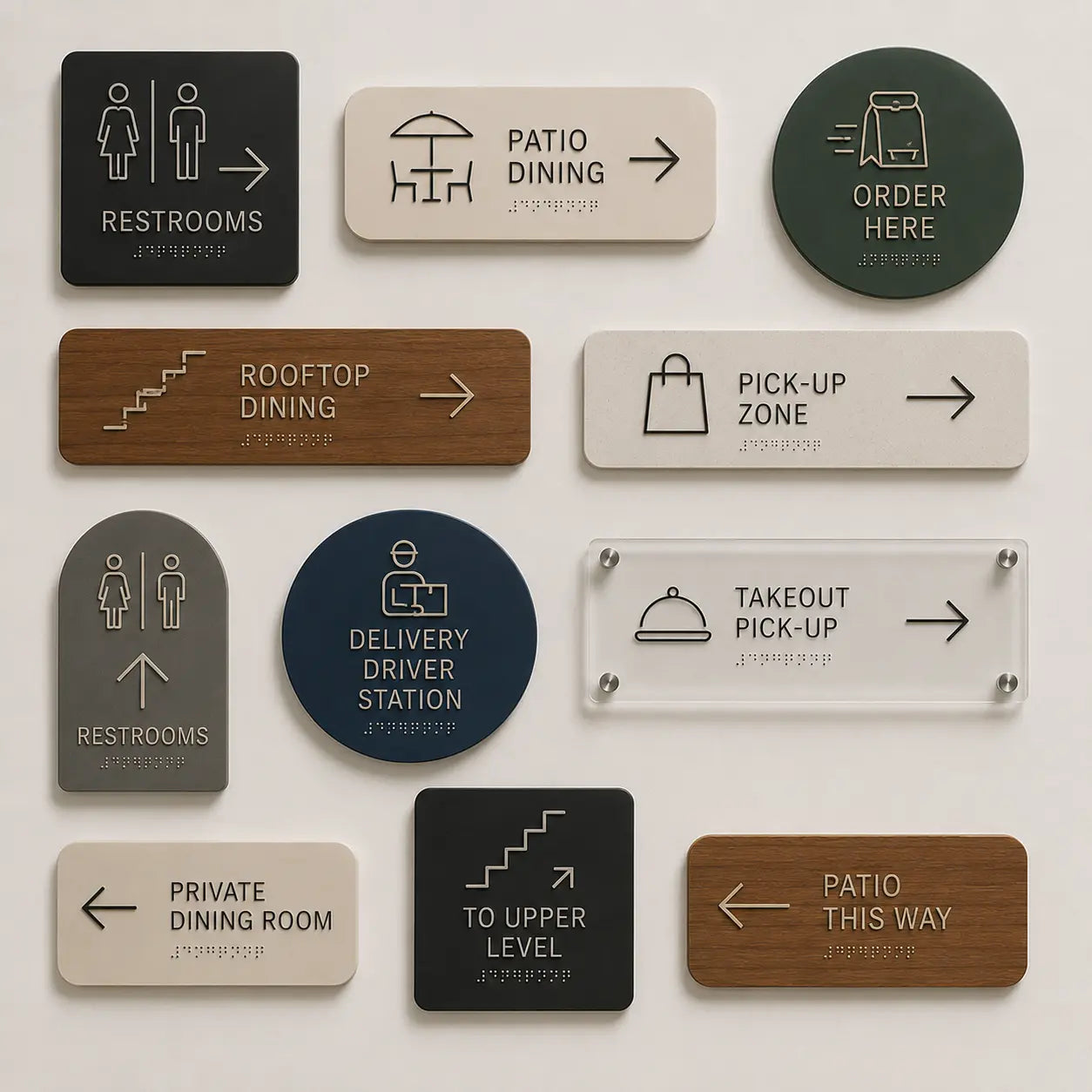 Modern directional arrow signs and acrylic wayfinding placards for restaurant lounges, patio dining areas, and delivery pick-up stations.