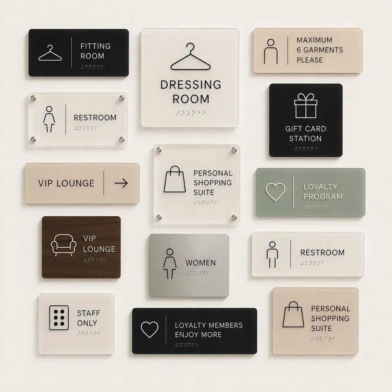 Luxury acrylic fitting room door sign with raised tactile lettering and braille