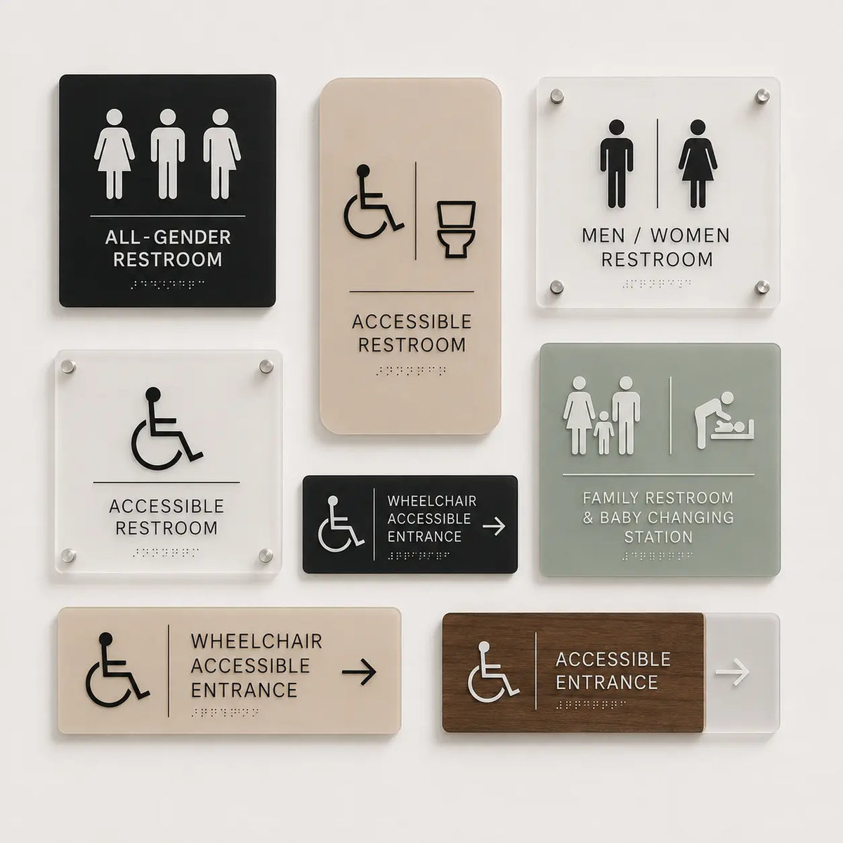 ADA and AODA compliant accessible restroom sign with Grade 2 Braille and raised pictograms