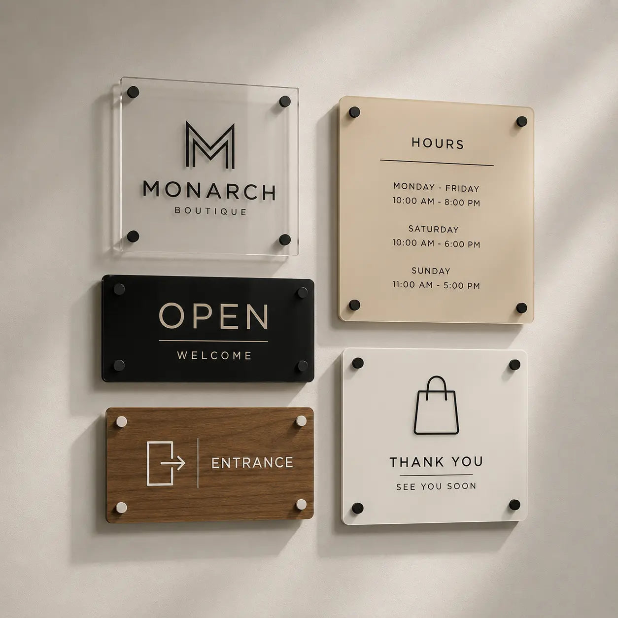 Custom acrylic storefront logo sign and business hours plaque for retail store entrance