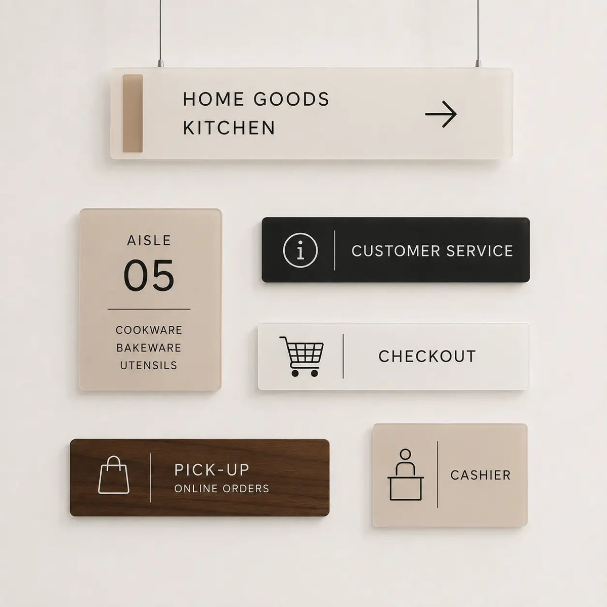Minimalist acrylic aisle navigation sign and department direction plaque for retail stores
